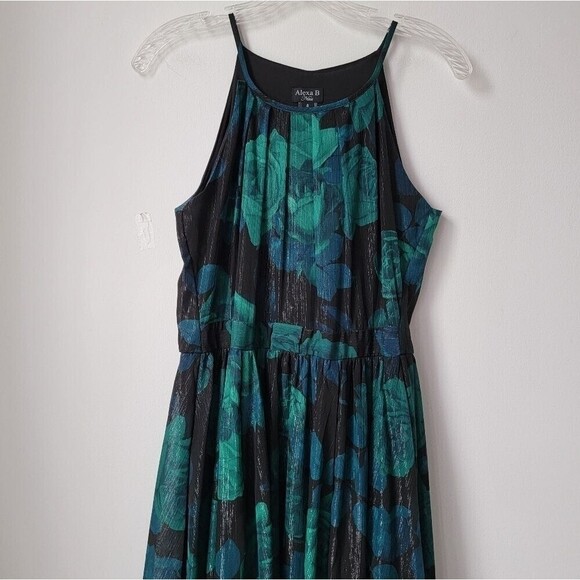 ALEXA B NITES Blue & Green Rose & Leaf Motif Gown Woven Metallic Silver Size 4 - Picture 3 of 9